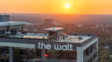 Houston development exterior photographed during golden hour