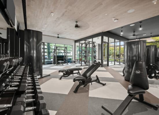 Modern apartment fitness center photographed by Houston architectural photographer