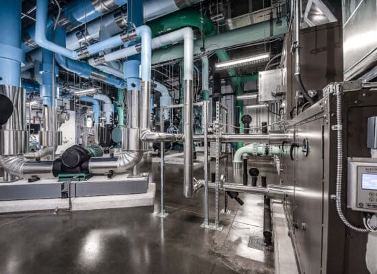 Houston energy facility interior with large-scale equipment and piping